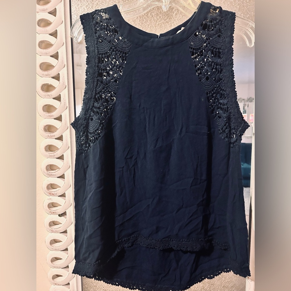 Crescent Navy Blue Crochet Shouldered Sleeveless Blouse